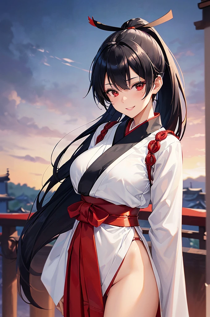 (masterpiece; best quality: 1.2), (finely detailed eyes: 1.3), ((25 year old woman)), ((solo)), (red eyes: 1.4), (body; lithe, toned, femenine: 1.3), (black hair in ponytail: 1.3), (beautiful and clear background: 1.2), ((depth of field)), (clothes: samurai attire + black-and-white hakama + red sash: 1.3), (anime illustration: 1.2), (background; old japanese castle exterior + night time: 1.1), (extremely fine and beautiful: 1.1), (shot composition; standing + centered on torso + close-up: 1.5), (expression; calm, smile: 1.2)