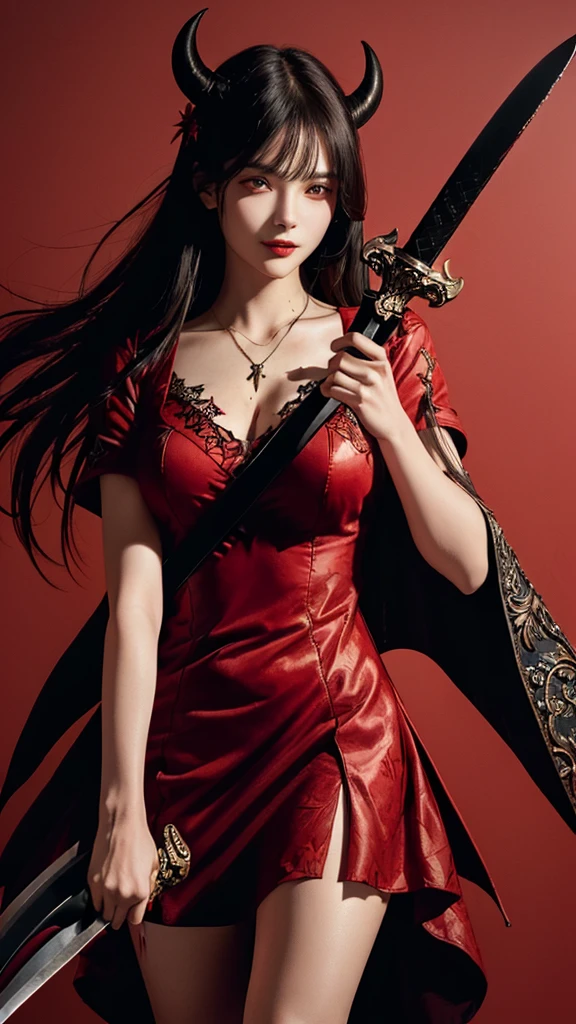 a close up of a woman holding a wooden devil sword and a red background, deep bleeding decaying colors!, in a leaf short dress