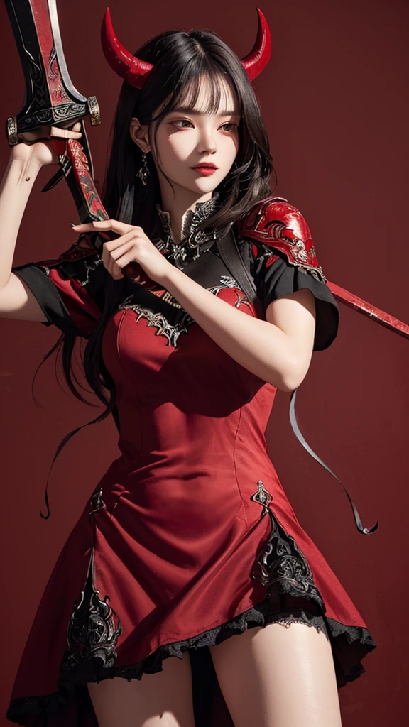 a close up of a woman holding a wooden devil sword and a red background, deep bleeding decaying colors!, in a leaf short dress