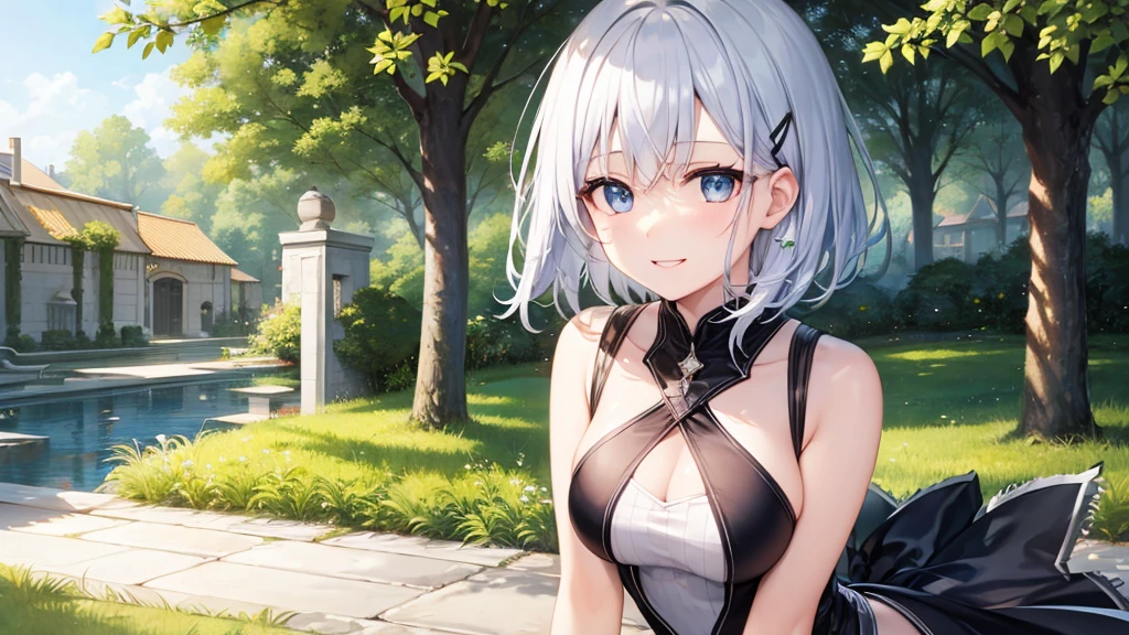 Her eyes were shining、Mysterious and enchanting atmosphere。With AI Painting、とてもShort Hair, Long bangs between the eyes, Very detailed,(masterpiece、Highest quality)、alone、Gray Hair、Fantasy, Silver Hair, Fantasyな風景、White shirt、smile、Open your mouth、short hair、Short Hair、hairpin、black eye、Grey Eyes、Beautiful Eyes