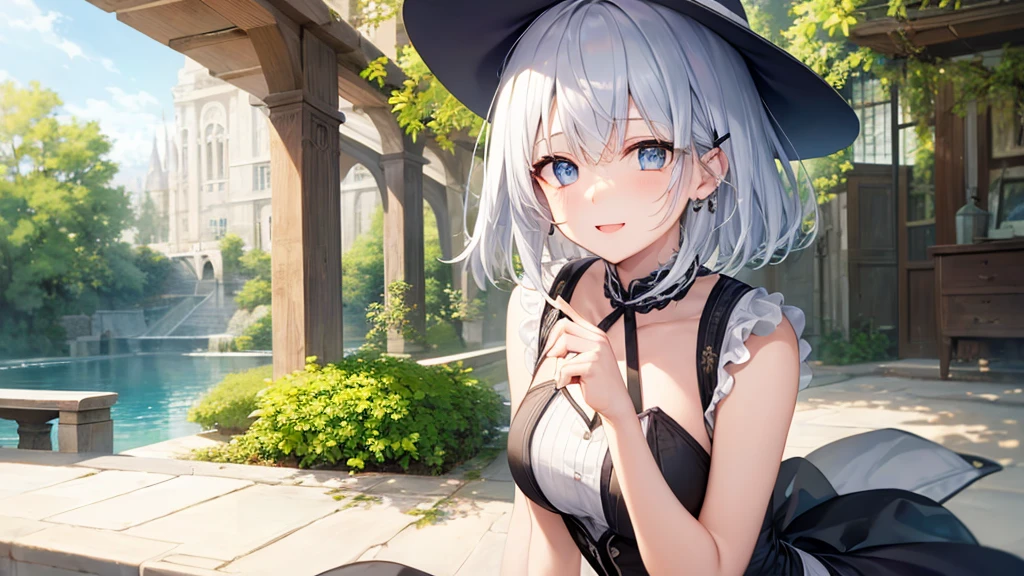 Her eyes were shining、Mysterious and enchanting atmosphere。With AI Painting、とてもShort Hair, Long bangs between the eyes, Very detailed,(masterpiece、Highest quality)、alone、Gray Hair、Fantasy, Silver Hair, Fantasyな風景、White shirt、smile、Open your mouth、short hair、Short Hair、hairpin、black eye、Grey Eyes、Beautiful Eyes