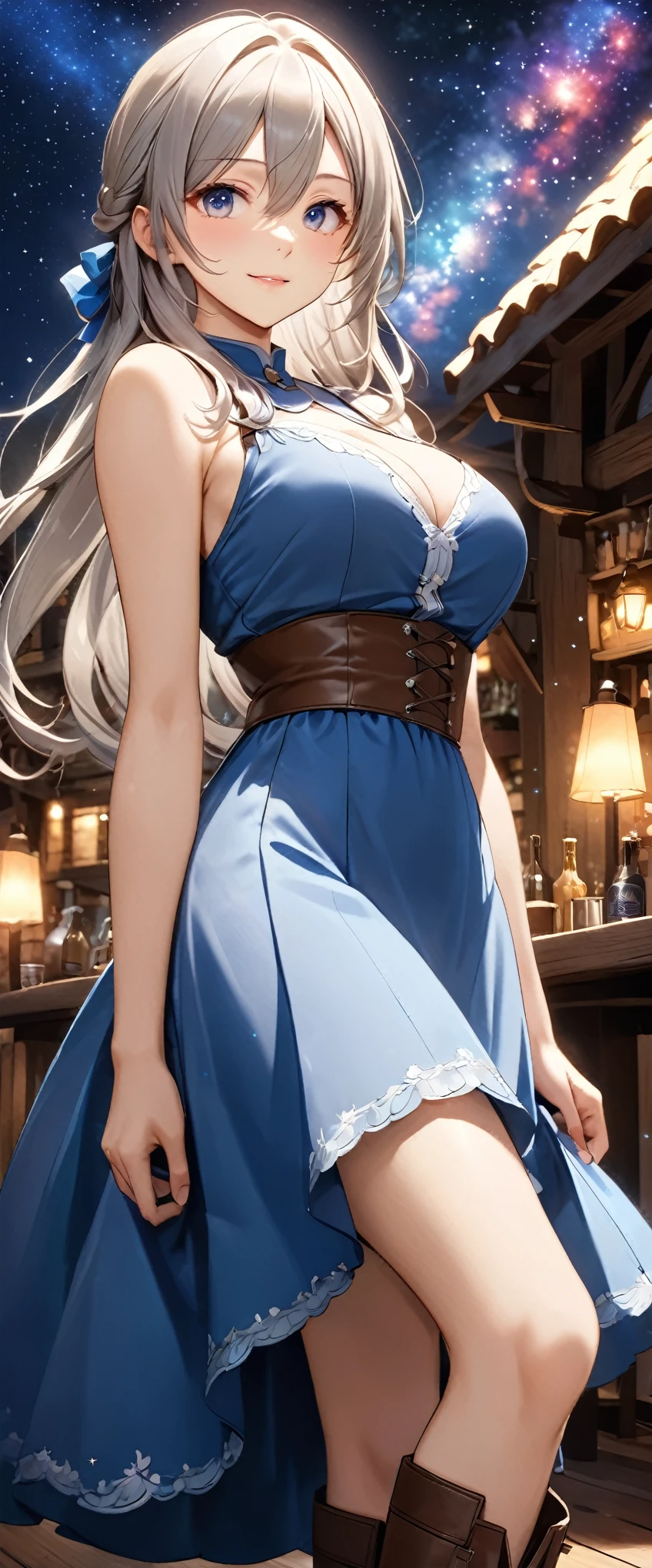 Highest quality, Super quality, 16K, Incredibly absurd, Very detailed, 2.5D, delicate and dynamic, Tavern, Small faint lights and flying fireflies, night, Starry Sky, milky way, nebula, shooting star, Extremely delicate facial expression, Delicate eye depiction, Upper body close-up, sole sexy lady, healthy shaped body, 22 years old lady, final fantacy xvi Jill Warrick, 170cm tall, big firm bouncing busts, white silver long hair, Jill Warrickのコスチューム, blue long skirt, brown leather long boots, Holding a long saber