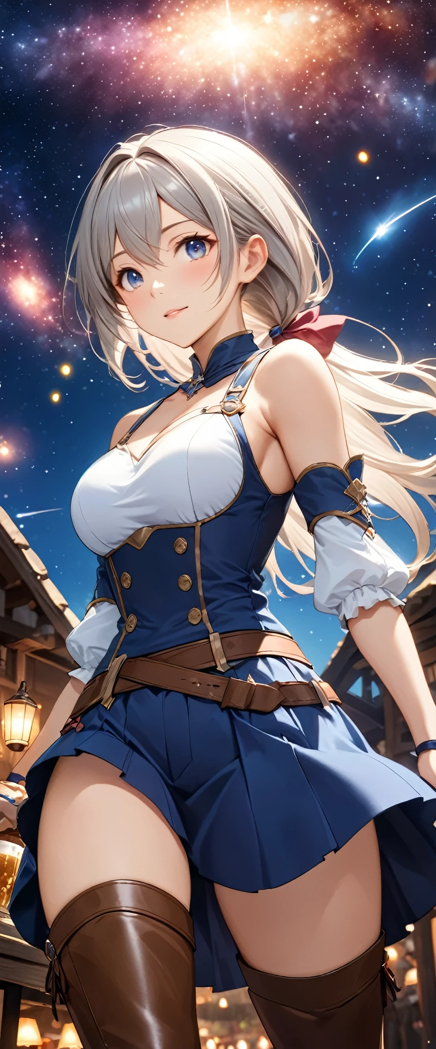 Highest quality, Super quality, 16K, Incredibly absurd, Very detailed, 2.5D, delicate and dynamic, Tavern, Small faint lights and flying fireflies, night, Starry Sky, milky way, nebula, shooting star, Extremely delicate facial expression, Delicate eye depiction, Upper body close-up, sole sexy lady, healthy shaped body, 22 years old lady, final fantacy xvi Jill Warrick, 170cm tall, big firm bouncing busts, white silver long hair, Jill Warrickのコスチューム, blue long skirt, brown leather long boots, Holding a long saber