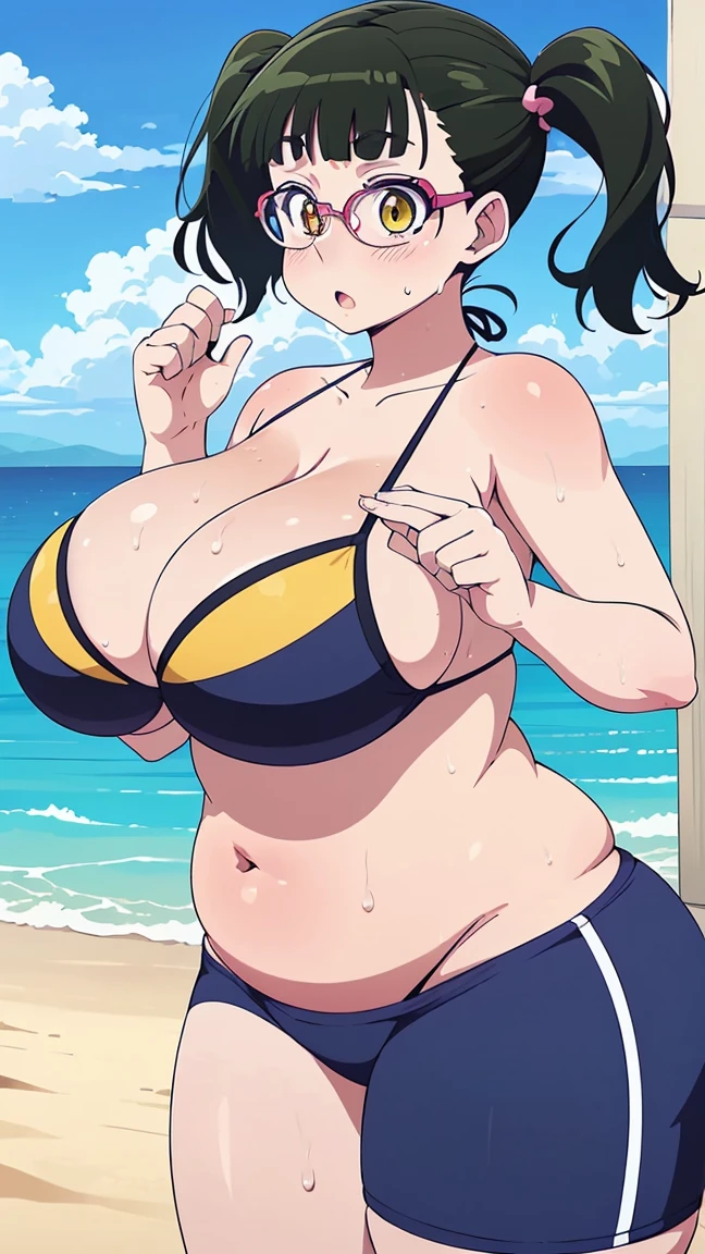 high quality、high resolution、Masterpiece、nikuko(galko),twintail,black hair,(chuby,plump,wide hip,thick tighs),eye glasses,yellow eyes,(gigantic breasts),(bikini,beach,blush,sweat,dynamic pose:1.1)