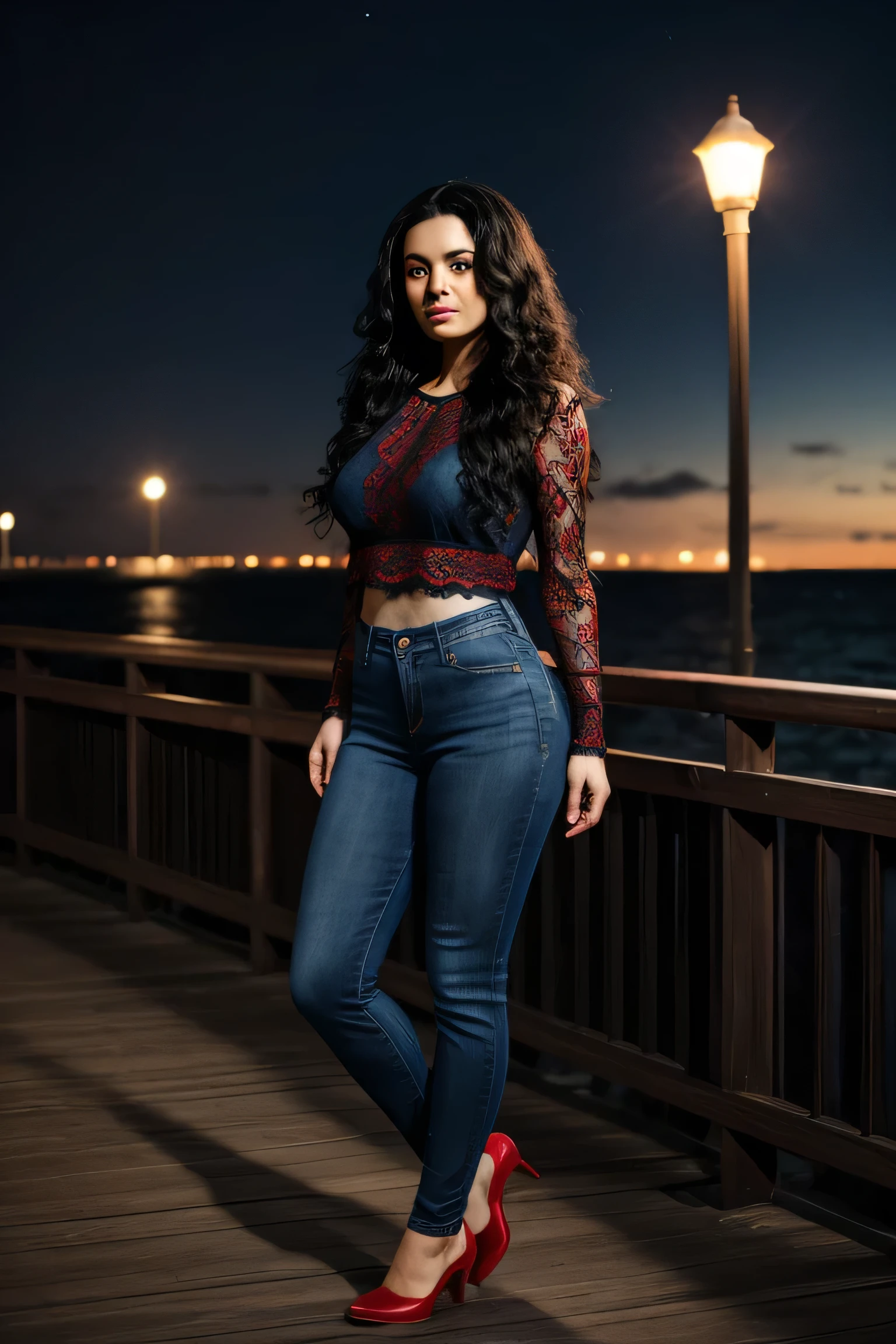 woman, long curly black hair, red lace top, blue denim pants, wide hips, thick legs, full body, looking at the camera, at night, on a boardwalk with an ocean view, photorealistic