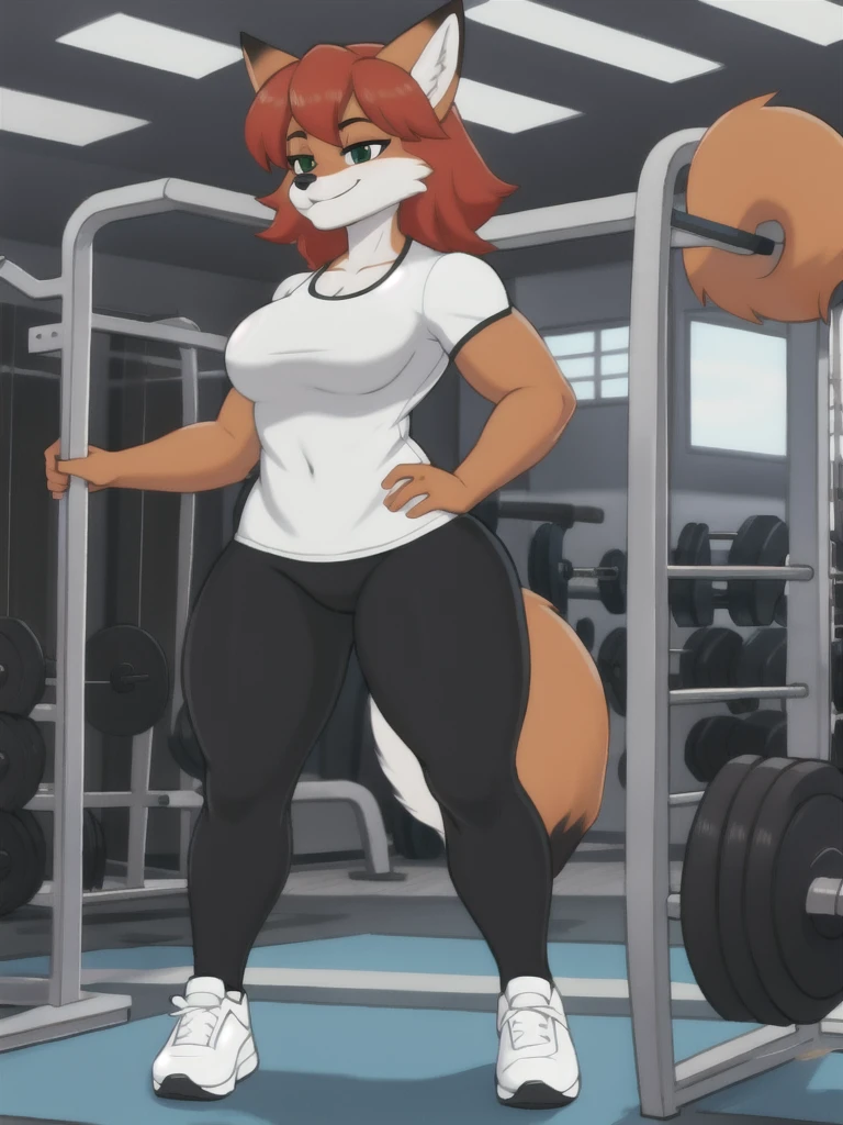 Furry, fox, female, white shirt, black leggings, shoes, gym, teen, standing, full body