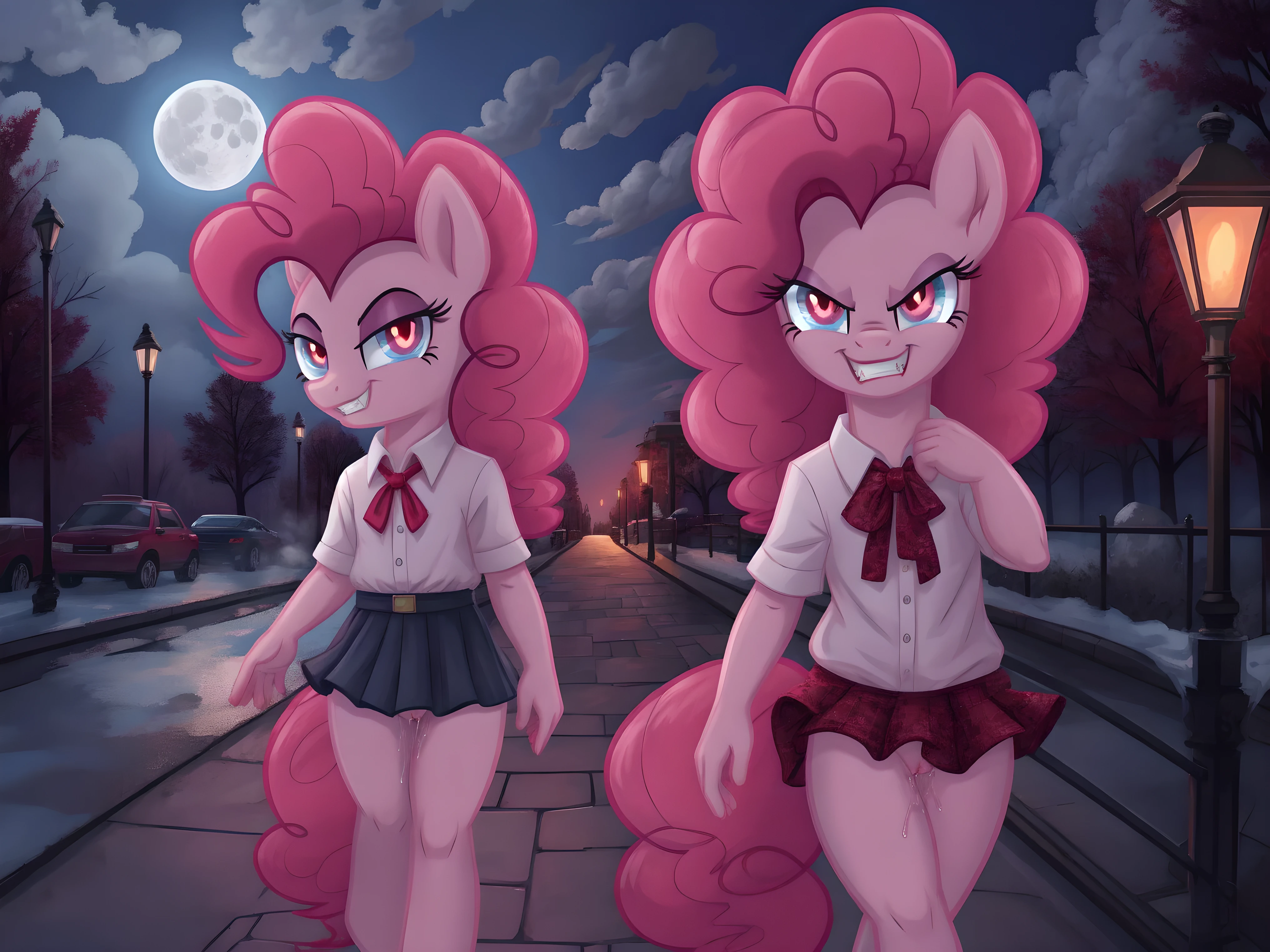 Pinkie pie, pony, walking,  skirt, pussy, pussy juice, vampire teeth, red eyes, glowing eyes, looking at the viewer, smirk, seductive,  in the forest, in public, evening, street lamps, fog, moon, clouds