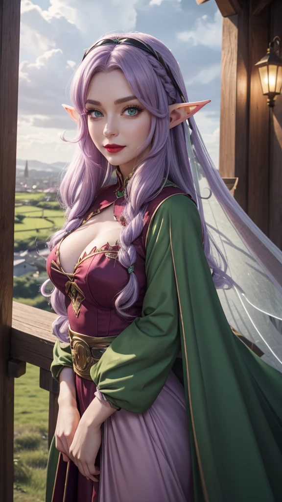 Irish woman, anime, modest, beautiful, high quality, night, 8k, long waist length light pale purple hair, green eyes, red lips, eyelashes, 1209 century dress, elf ears, large fairy wings