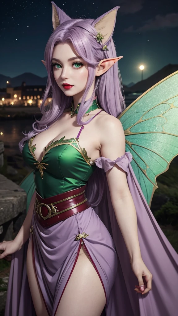 Irish woman, anime, modest, beautiful, high quality, night, 8k, long waist length light pale purple hair, green eyes, red lips, eyelashes, 1209 century dress, elf ears, large fairy wings