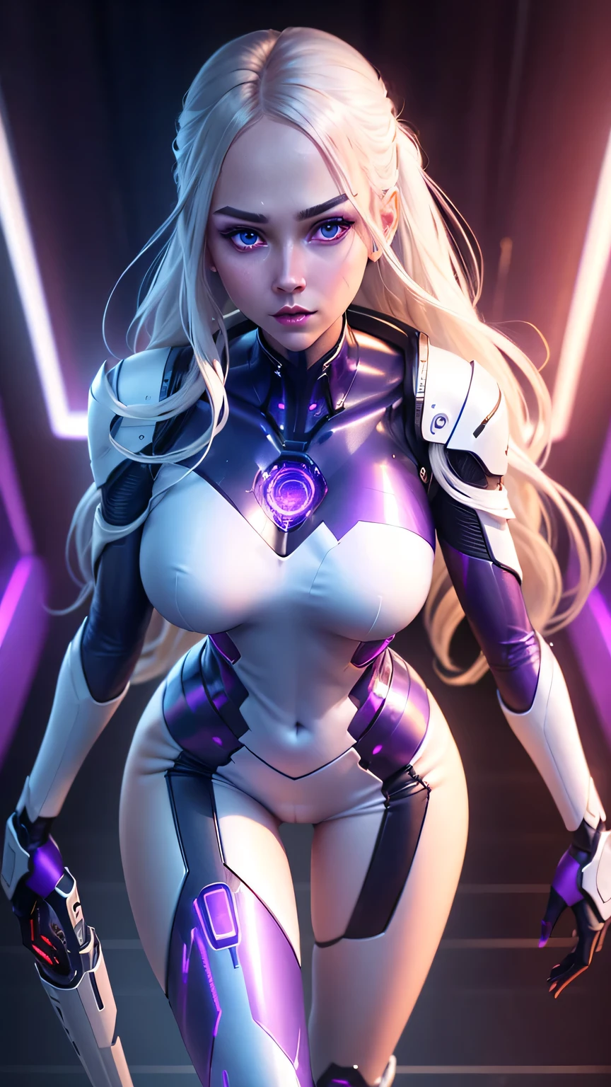 1girl, ultra realistic, tall girl, perfect body, realistic face, perfect face, realistic body, epic skin details, white hair, hyper rendering, ultra details, glowing eyes, purple eyes, blush, parted lips, luminous cybernetic futuristic mechanical body, ultra realistic lights reflection details, ((full body)),