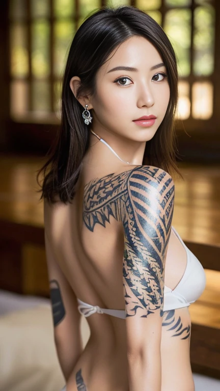 Anime-style woman, thin, thin, whole body, Full of tattoos, Lots of earrings, Beautiful and shiny hair, Rainbow Eyes, Slanted Eyes, Wavy silver hair, Kind and charming, shoulderを露出させる, Delicate and sexy collarbone, Attractive oval face, double eyelid, Pink Lips, Small Nose, Concentrated face, Ultra-high resolution, Very detailed, Graceful posture, Nice, ultra-thin,arm，shoulder，chest，Dark mahogany Samoan tribal tattoo body paint on genitals, Glowing Skin, Realistic Background, sunlight