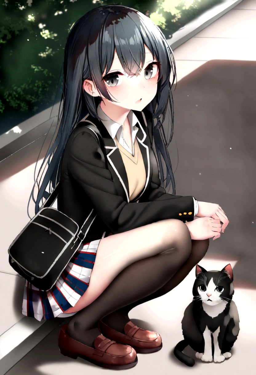1girl, gweda, absurdres, official art, absurdres, yahari ore no seishun lovecome wa machigatteiru., yukinoshita yukino, 1girl, bag, black eyes, black hair, black jacket, black thighhighs, blazer, cat, copyright name, jacket, loafers, long hair, looking at viewer, parted lips, plaid clothes, plaid skirt, pleated skirt, school bag, scenery, shoes, shoulder bag, skirt, sobu high , solo, squatting, thighhighs, ((very aesthetic, best quality, ultra detailed)), rating:safe,