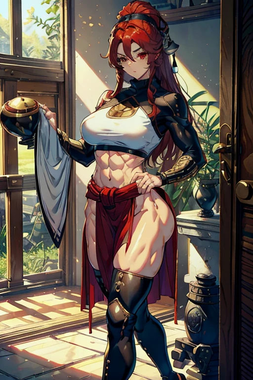 1woman. Full body imagine. Standing up straight. Matured/motherly body but youthful appearance. VERY tall, and slim. muscular, Fit built figure. Arm muscles, slim waist, thick thighs, big , SLIM body. Mulberry red hair, red eyes, pale skin. Wearing: (viking-ISH), fur sash around waist. Knee high fur boots. And a WHITE crop top