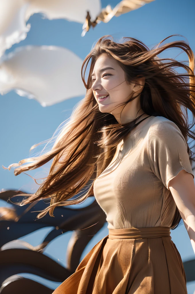 Photo of a stunning beautiful woman standing in a dynamic sexy pose, (endless long very long brown hair),(blown by the wind) ((Her windblown hair、fluttering around her: 1.5)) Strike a pose in a stunning park in downtown Paris, Wearing (gray knit shirt、Red bean long skirt、), (Lighting - Gold:1.3), (table top) (realistic:1.7) (best quality), Dynamic configuration, (color grading) (detailed skin:1.5) (convoluted) (16K) (nffsw) (cinematic lighting:1.4) (sharp focus), (hair blowing in the wind:1.5)、laugh、