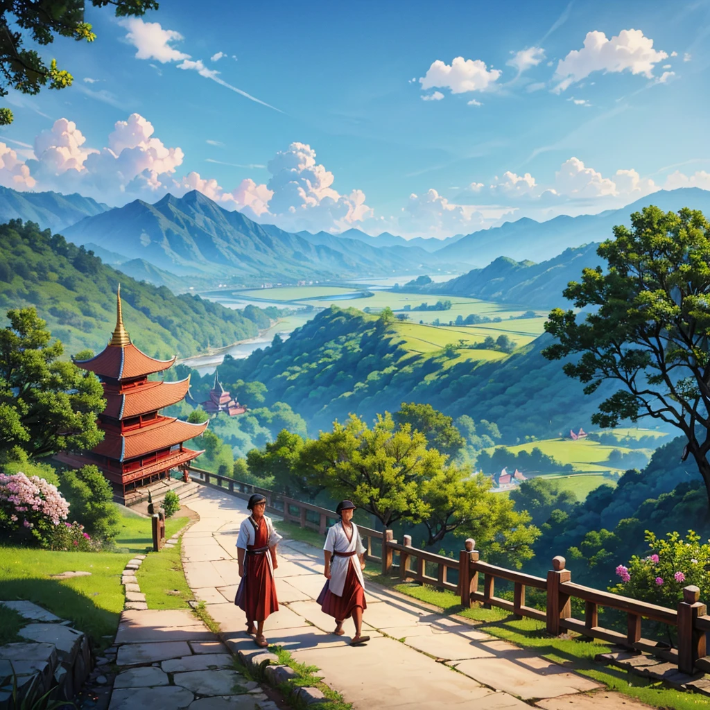 A man is leading a group of 30  renovation of a broken bridge near a Pagoda. They have a headnets on their heads, dark eyes, wearing different long sleeve shirts and longyi in Myanmar traditional custom. At the background, there is a village, mountain, trees, flowers. realistic quality, beautiful scenery 