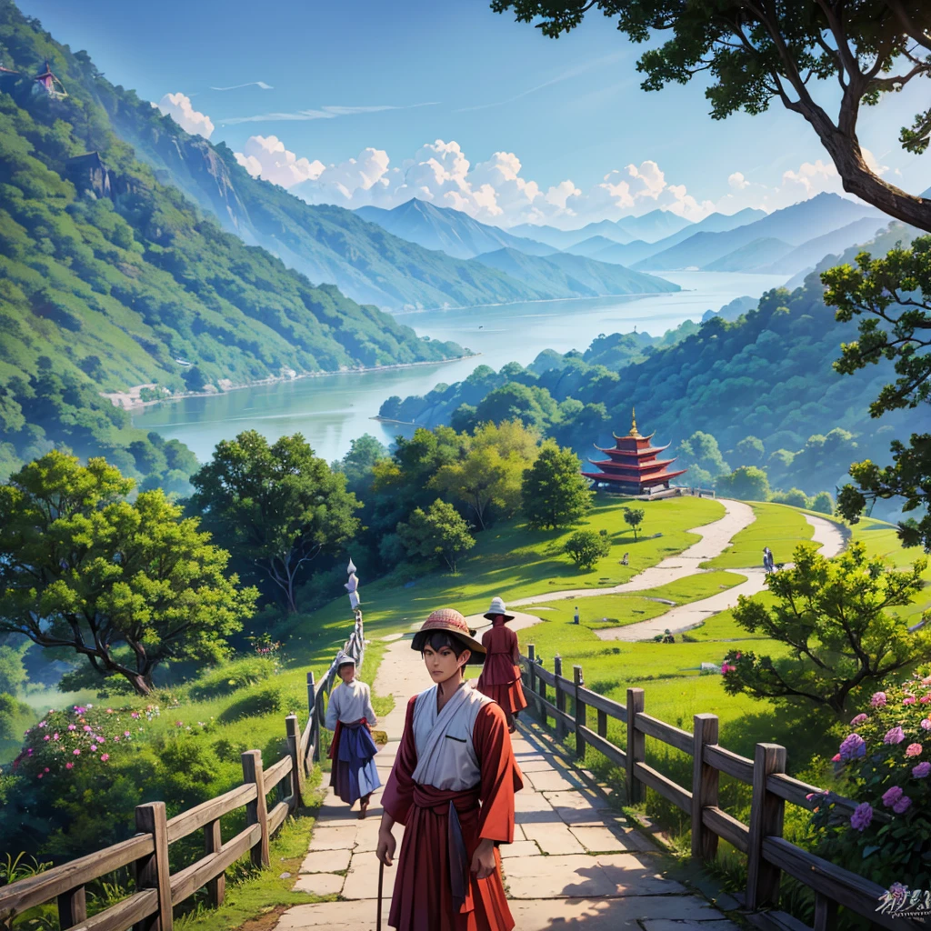 A man is leading a group of 30  renovation of a broken bridge near a Pagoda. They have a headnets on their heads, dark eyes, wearing different long sleeve shirts and longyi in Myanmar traditional custom. At the background, there is a village, mountain, trees, flowers. realistic quality, beautiful scenery 