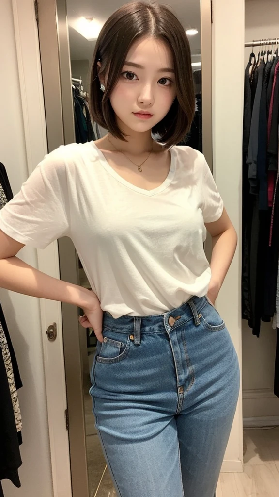 girl 18-year-old Hairstyle Casual, wearing fashion casual rich in dressing room