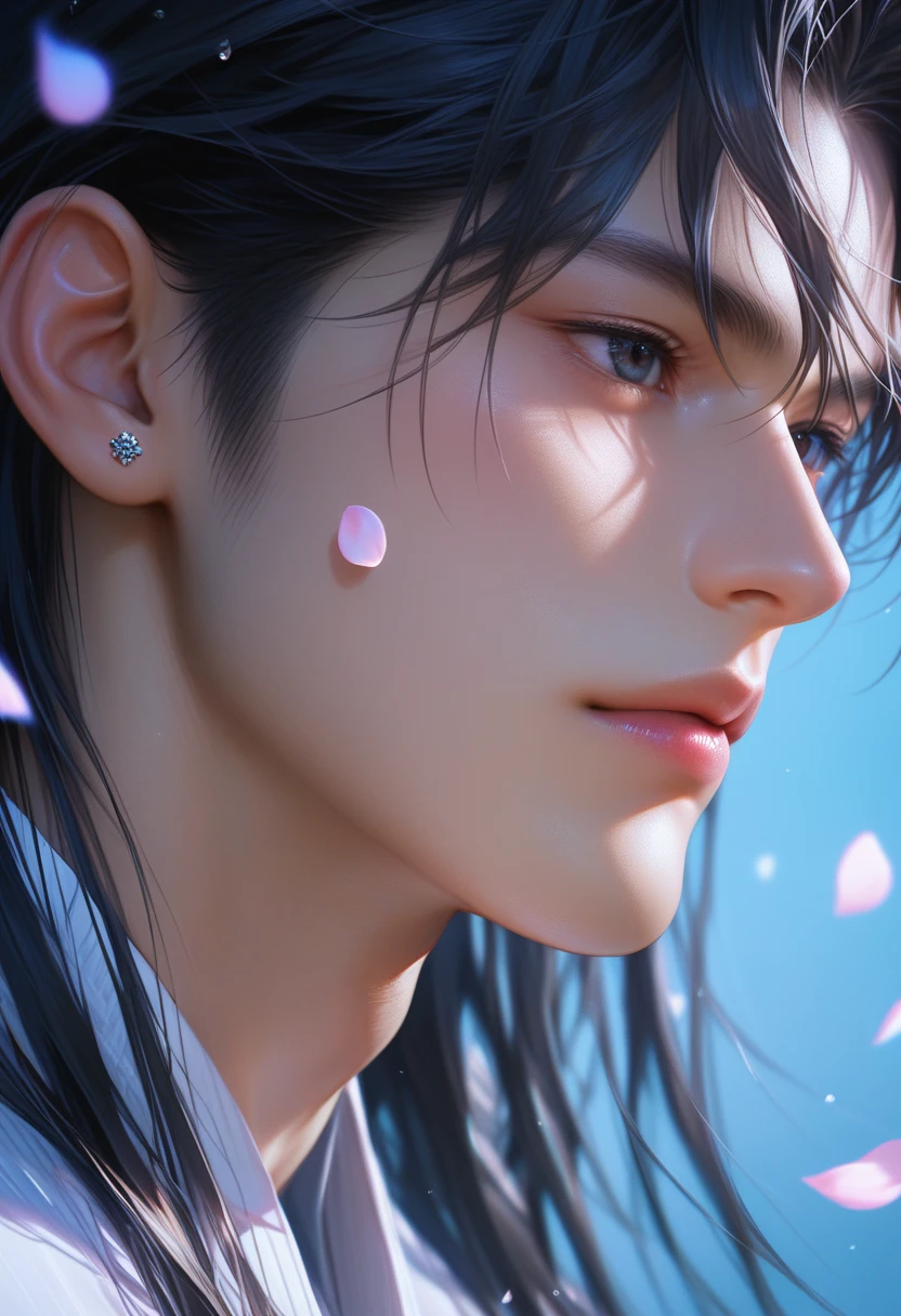 score_9, score_8_up, score_7_up, young handsome korean man's profile picture, black long hair with bangs, light blue petals on cheeks, realistic skin texture, detailed picture, close-up, HD32k