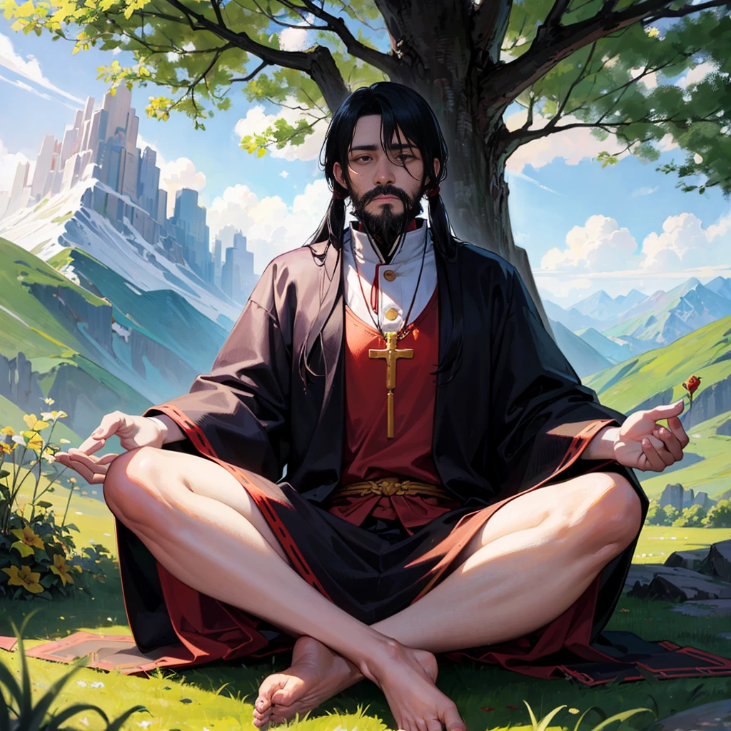 seeker ,A man with long hair, thick beard, Tibetan dress, straight-faced photo. meditating, under a tree, on a high mountain, behind are mountains big and small as far as the eye can see, calm, heal the mind. , Sitting cross-legged