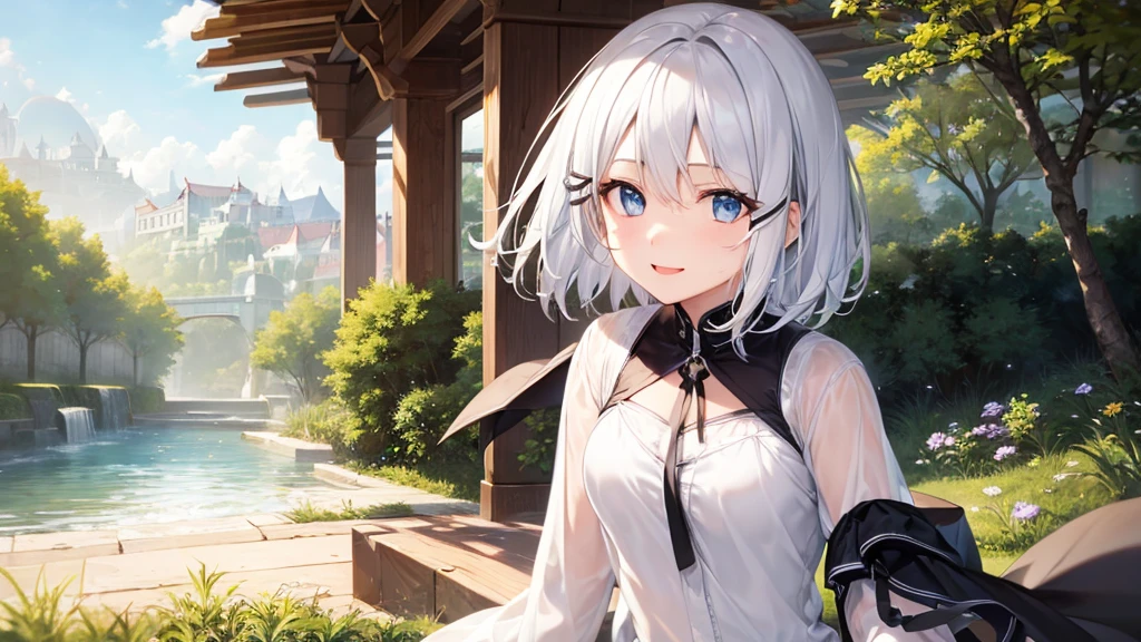 Her eyes were shining、Mysterious and enchanting atmosphere。With AI Painting、とてもShort Hair, Long bangs between the eyes, Very detailed,(masterpiece、Highest quality)、alone、Gray Hair、Fantasy, Silver Hair, Fantasyな風景、White shirt、smile、Open your mouth、short hair、Short Hair、hairpin、black eye、Grey Eyes、Beautiful Eyes