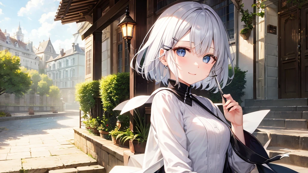 Her eyes were shining、Mysterious and enchanting atmosphere。With AI Painting、とてもShort Hair, Long bangs between the eyes, Very detailed,(masterpiece、Highest quality)、alone、Gray Hair、Fantasy, Silver Hair, Fantasyな風景、White shirt、smile、Open your mouth、short hair、Short Hair、hairpin、black eye、Grey Eyes、Beautiful Eyes