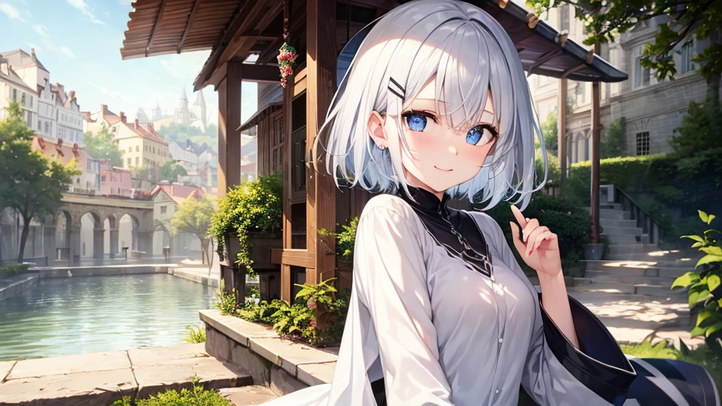 Her eyes were shining、Mysterious and enchanting atmosphere。With AI Painting、とてもShort Hair, Long bangs between the eyes, Very detailed,(masterpiece、Highest quality)、alone、Gray Hair、Fantasy, Silver Hair, Fantasyな風景、White shirt、smile、Open your mouth、short hair、Short Hair、hairpin、black eye、Grey Eyes、Beautiful Eyes
