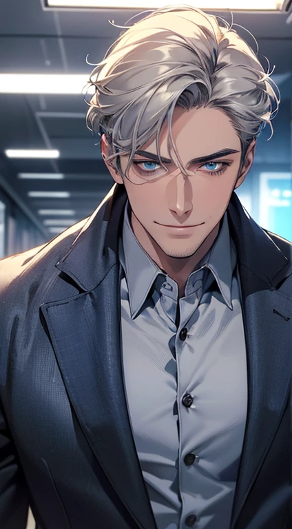 (best quality, masterpiece, 8K, photorealistic, cinematic lighting, 1:4 hdr image, ultra detailed, beautiful image), a mature man, 25 years very handsome, ((cold expression smile in love)), short grey hair, blue eyes, face perfect without mistakes, ((buttoning his jacket, CEO)), smile.