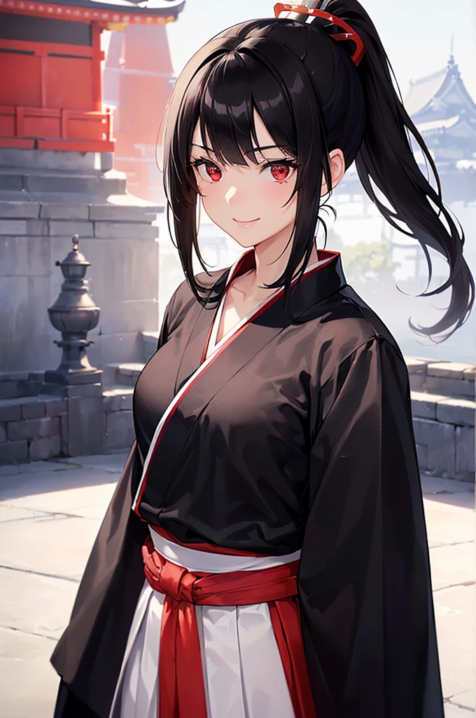 (masterpiece; best quality: 1.2), (finely detailed eyes: 1.3), ((25 year old woman)), ((solo)), (red eyes: 1.4), (body; lithe, toned, femenine: 1.3), (black hair in ponytail: 1.3), (beautiful and clear background: 1.2), ((depth of field)), (clothes: samurai attire + black-and-white hakama + red sash: 1.3), (anime illustration: 1.2), (background; old japanese castle exterior + night time: 1.1), (extremely fine and beautiful: 1.1), (shot composition; standing + centered on torso + close-up: 1.5), (expression; calm, smile: 1.2)