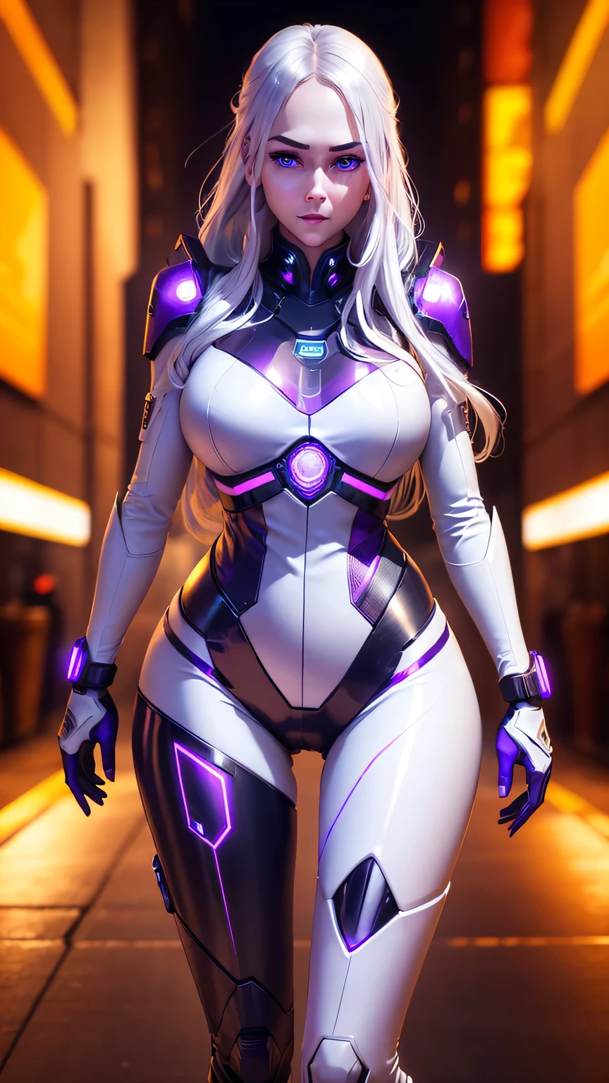1girl, ultra realistic, tall girl, perfect body, realistic face, realistic body, epic skin details, white hair, glowing eyes, purple eyes, blush, parted lips, luminous cyber tech mechanical body, epic lights reflection details, full body
