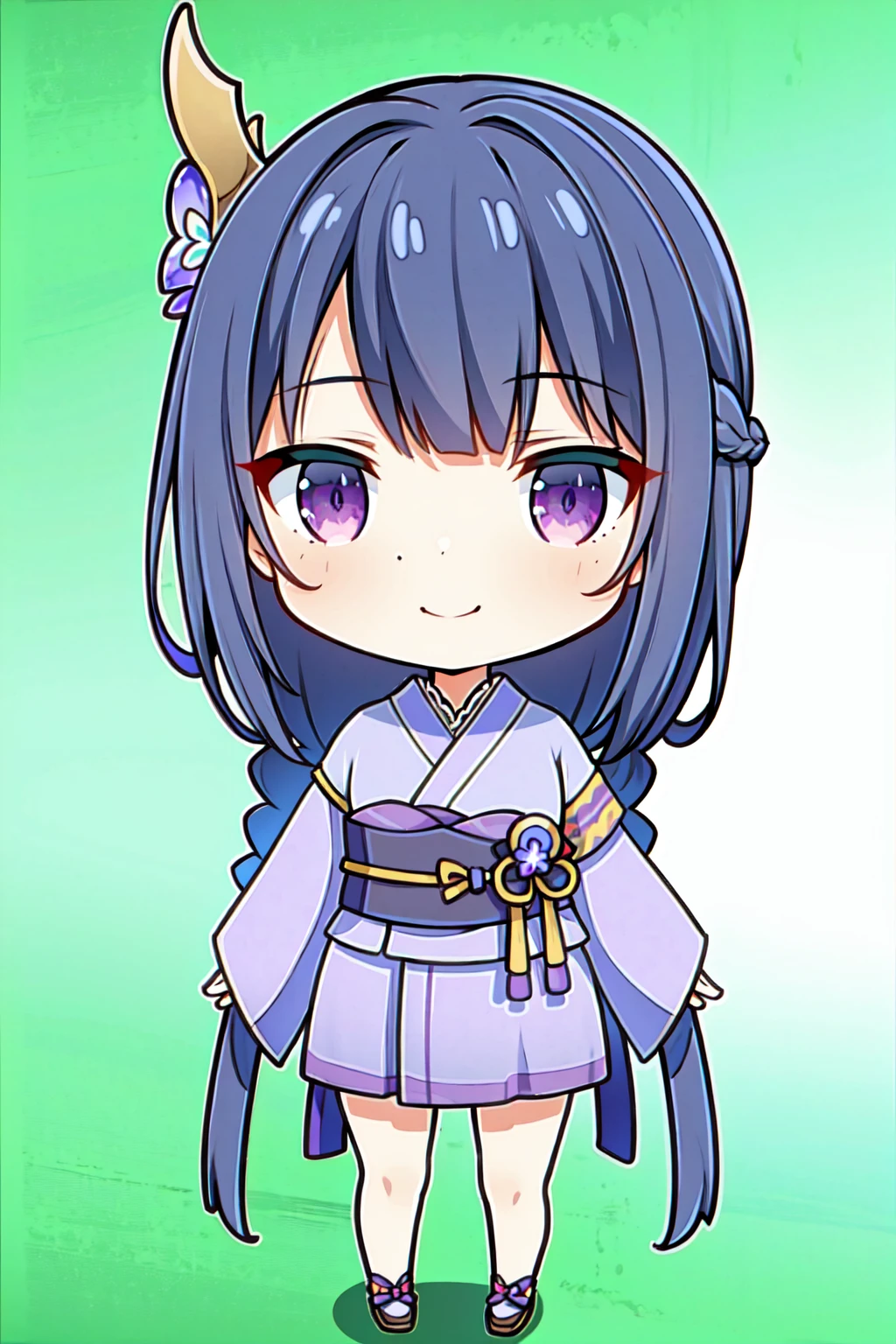 (masterpiece, best quality, highres, 8k:1.3),   1girl, solo, long hair, One braid hair, (purple hair:1.1), Hair ornament, purple eyes, purple kimono, standing, chibi, smile, detail color, detail skin Cristal, Glowing skin,