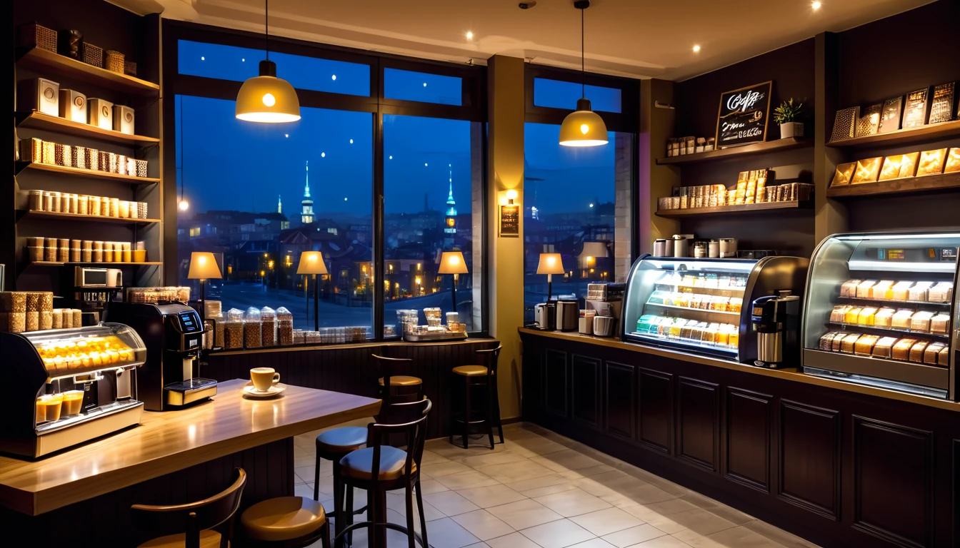 a cozy night time at a coffe interior with cozy lighting and sweets in the shelves. There are coffee cups in the tables. a cash machine and a coffee maker machine in the counter,There is a big window in the middle of the coffeeshop and the outside view is the city at night