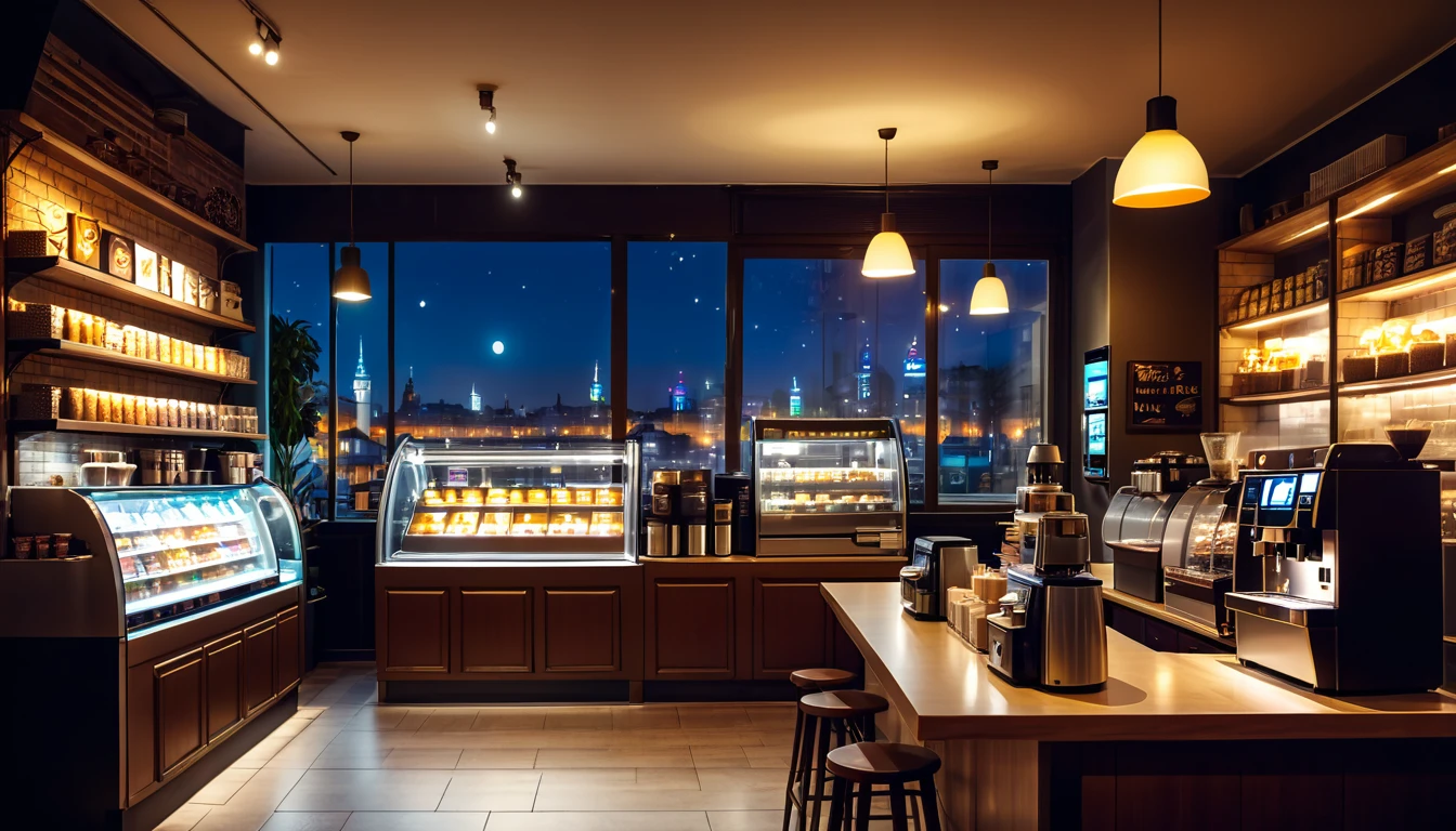 a cozy night time at a coffe interior with cozy lighting and sweets in the shelves. There are coffee cups in the tables. a cash machine and a coffee maker machine in the counter,There is a big window in the middle of the coffeeshop and the outside view is the city at night