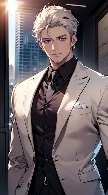 (best quality, masterpiece, 8K, photorealistic, cinematic lighting, hdr image, ultra detailed, beautiful image), 1 man, 31 years old, mature man, very handsome, (without expression, smile), short white hair, purple eyes ( penetrating gaze), perfect face without errors, imposing posture, without errors, businessman, office background