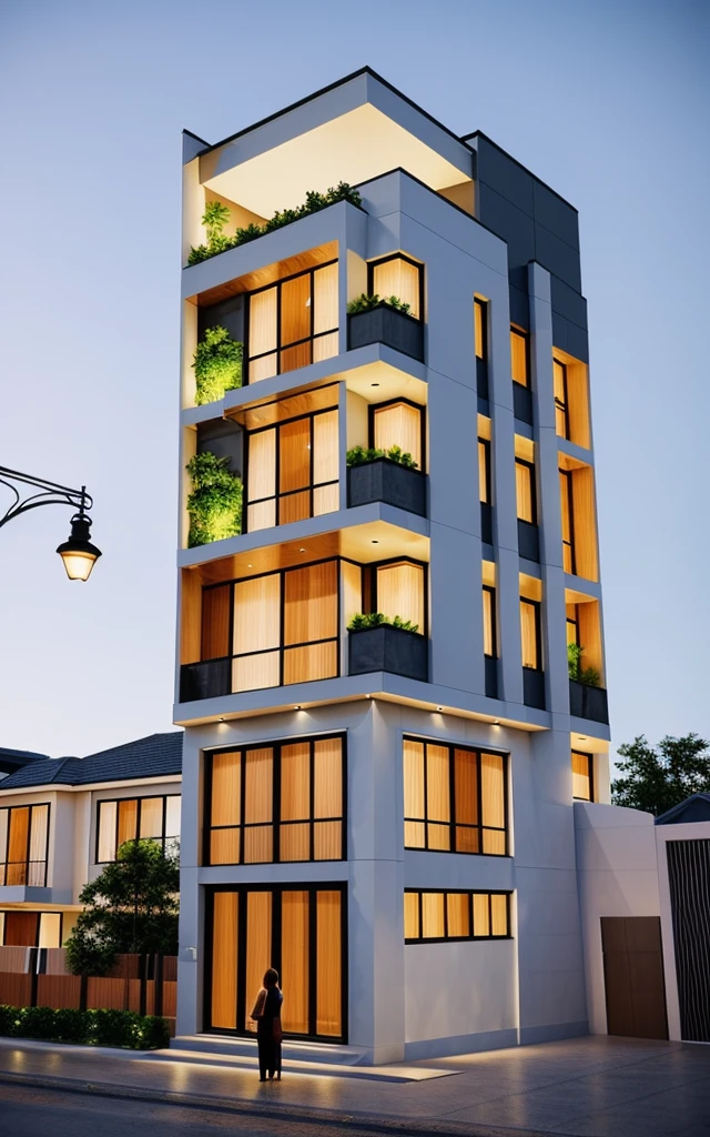 Perspective of a modern house with a large enough front yard, main materials are light yellow walls, stone and wood, a road running in front of the house, (RAW photo, real, best quality, masterpiece: 1.2), current view modern minimalist, 1 street in front of house, shime ring light, indoor brightness:1.2, dynamic lighting:1.3, (hyper-realistic, photo-realistic:1.2), high quality, daylight, contrast high:0.5 perfect light, Archdaily, contemporary masterpiece award, award winning contemporary, beautifully designed masterpiece, spacious modern mansion, modern neo-traditional, wide angle exterior 2022 , mid-century modern, contemporary home, stylish modern feel, long front view, award-winning modern design, stunning lines, residential, exquisite details, indoors gently:1.3