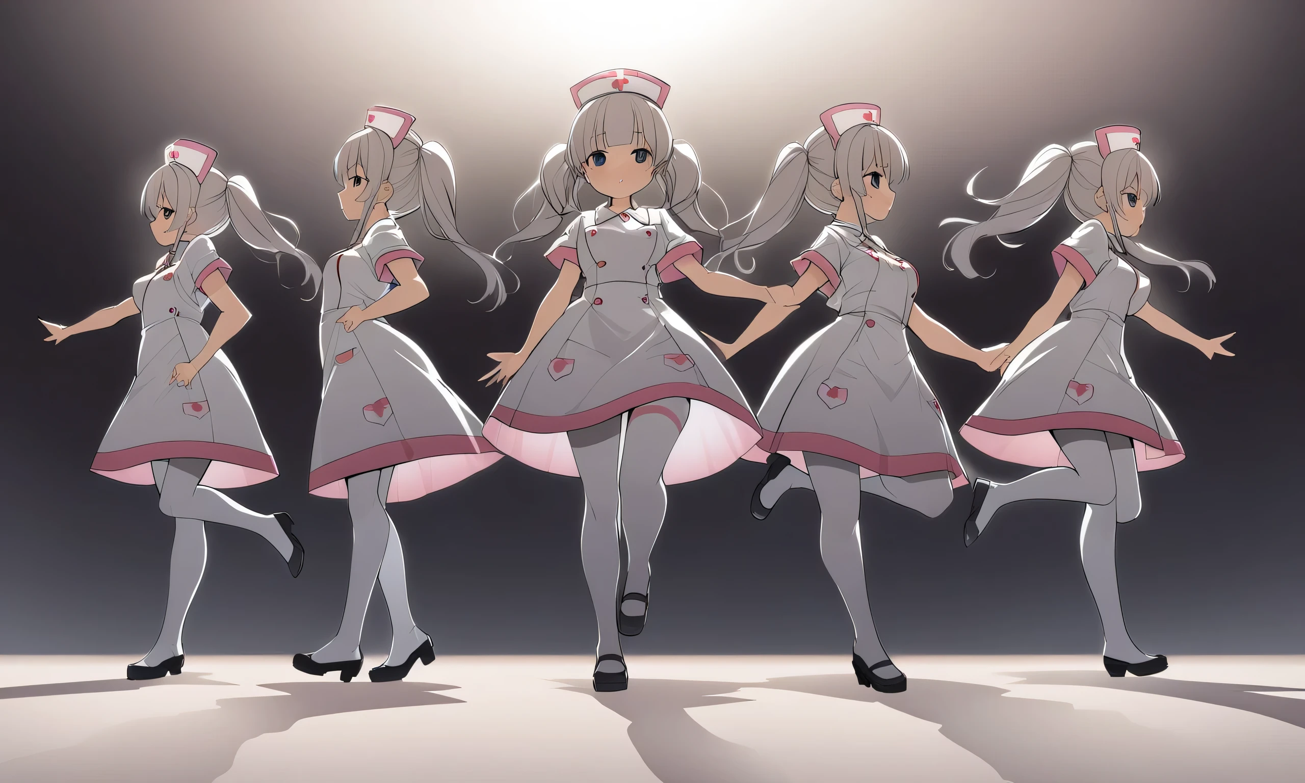 early anime style, dynamic angle, dynamic Composition, Chibi, Same nurse girls, Nurse Costume, Quadruple Fashion, White tights, a double silhouette, (Fast Forward:1.6), Continuous movement, masterpiece, best Quality, highly detailed,