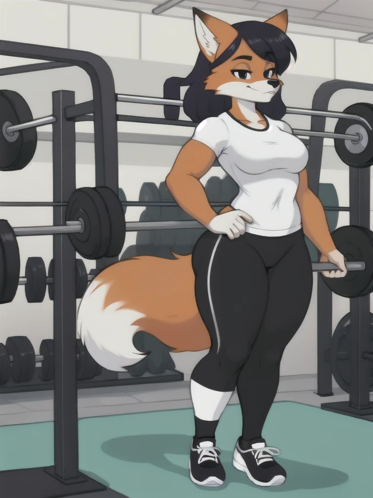 Furry, fox, female, white shirt, black leggings, shoes, gym, teen, standing, full body