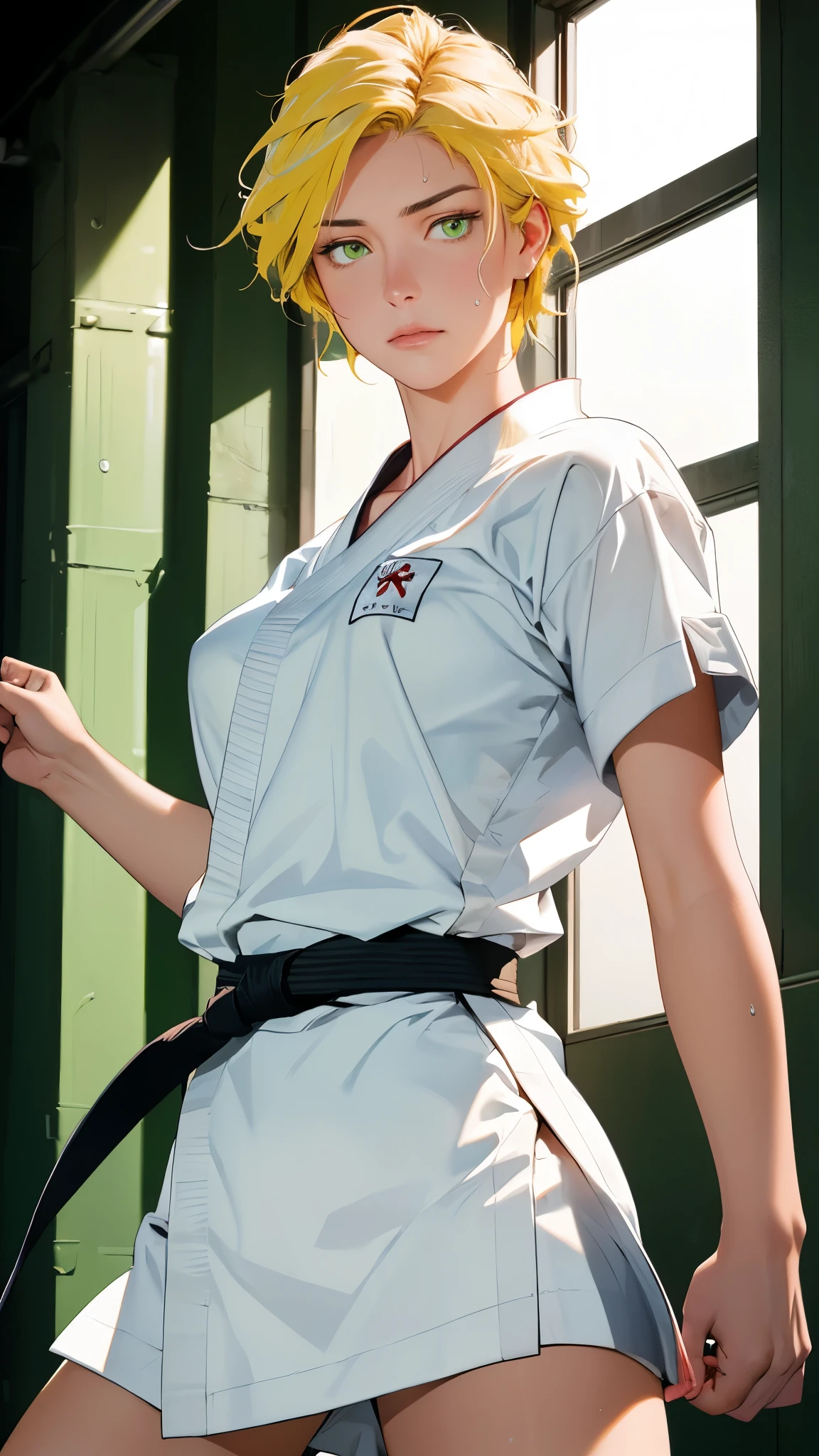 ((((masterpiece, best quality, high resolution)))), Extremely detailed 8K, 1 female, wearing a white Karate gi, (Ultra HD, Ultra-detailed, Highly detailed, Highly realistic, Ultra-realistic, photograph realistic), (1girl:1.5), (Realistic yellow hair), (dynamic poses), facing at camera, looking at viewer, (slightly serious face), (green eyes, sharp eyes), (perky breasts:1.2), (beautiful detailed face, beautiful detailed eyes), ((worn out karate gi)), (preparing for a fight), sweat, glow, (sunbeam, sunlight), ((cowboy shot)), inside a training gym, seductive, EnvyBetterHands LoCon,