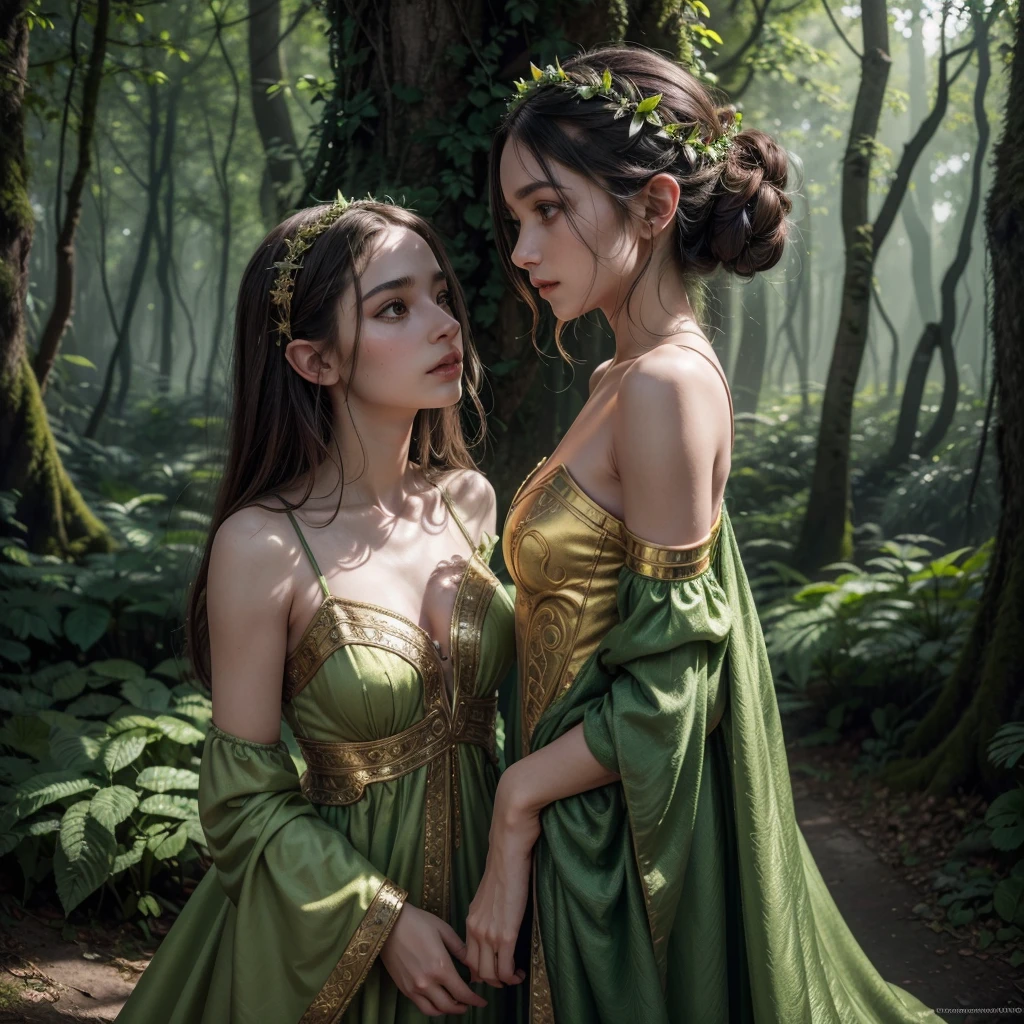 A detailed portrait of Patolino, an elegant elf with beautiful piercing eyes, delicate facial features, and long pointed ears, wearing a whimsical green and gold outfit, standing in a lush fantasy forest with magical glowing mushrooms and winding vines, (best quality,4k,8k,highres,masterpiece:1.2),ultra-detailed,(realistic,photorealistic,photo-realistic:1.37),fantasy,concept art,intricate details,warm lighting,vibrant colors,moody atmosphere