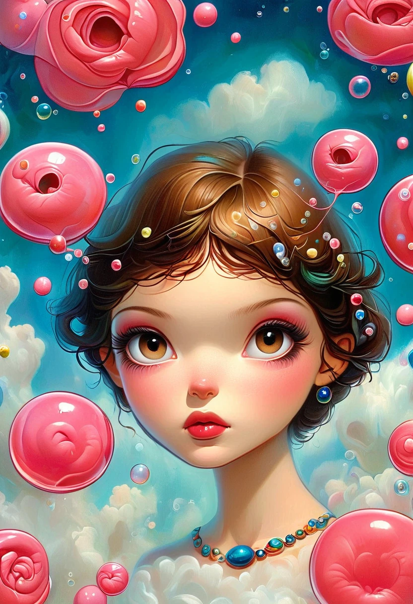 A young woman in a surreal, dreamlike environment, with beautifully detailed eyes and lips, surrounded by floating French bubble gum, inspired by the art of Frida Kahlo, masterpiece, best quality, 8k, highres, ultra-detailed, photorealistic, vivid colors, studio lighting, professional