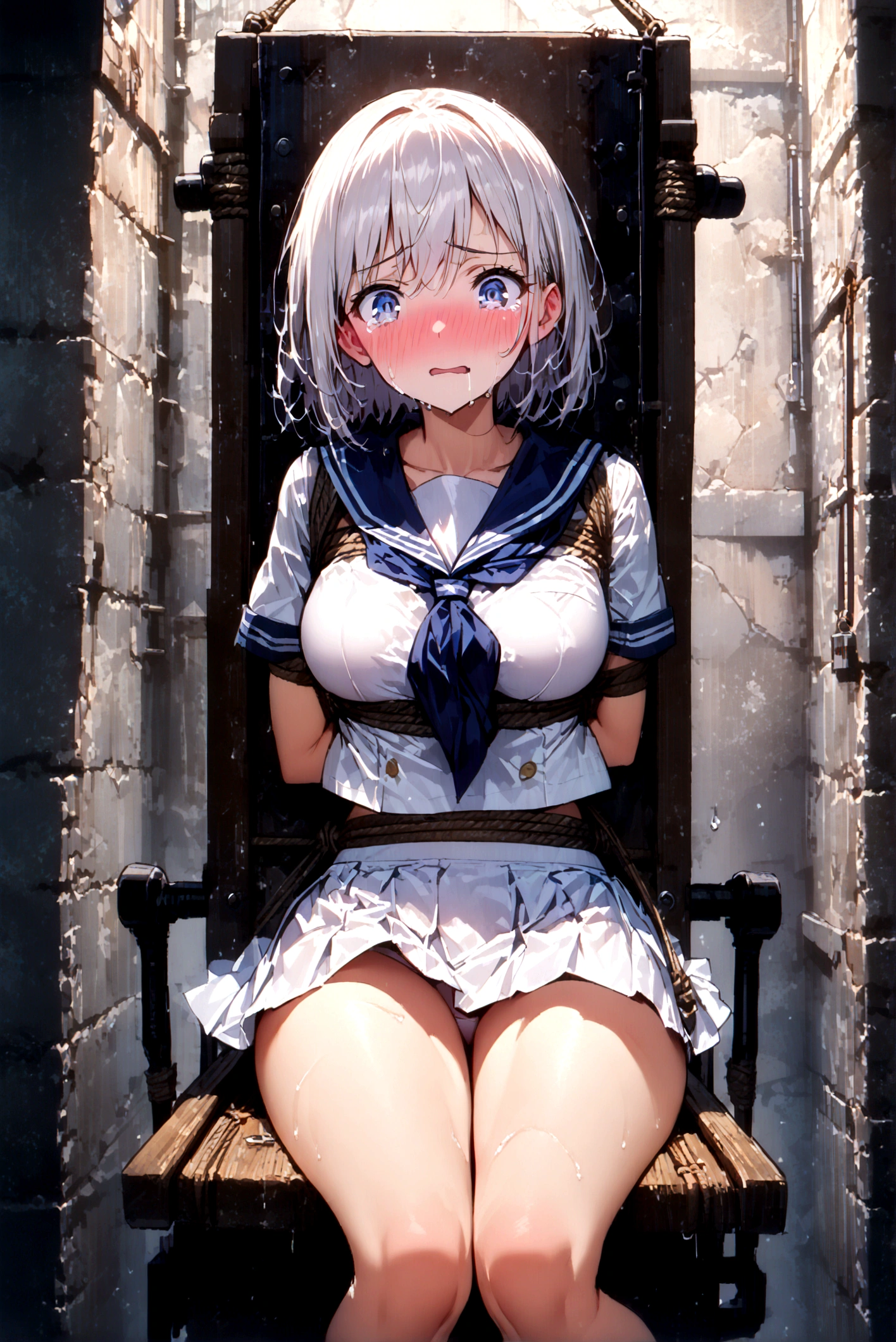 1 girl, strapped to a chair, (bondage chair:1.5), (open legs:1.5), (sitting:1.5), (extended arms:1.1), spread arms, arms to the sides, (inside basement, underground, torture room), (ankles tied, wrists restrained, ankle cuffs, wrist cuffs), arms to the sides, (blushing:1.5), (crying:1.1), (teary eyes:1.1), (struggle:1.5), (blushing, worried, scared, teary eyes), ((tight clothes, short sleeves, sailor uniform, mini-skirt, shoeless)), perfect body, big thighs, perfect face, beautiful face, beautiful eyes, detailed eyes, focus on face, centered, Eye-Level Shot