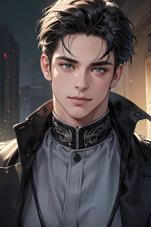 (best quality,4k,8k,highres,masterpiece:1.2),ultra-detailed,(realistic,photorealistic,photo-realistic:1.37),30 year old man,3 day beard,handsome anime,portraits,strong,masculine,dark hair,sharp jawline,mesmerizing eyes,perfectly styled hair,cool anime outfit,confident expression,vibrant colors,dynamic lighting, CEO and expression smile in love.