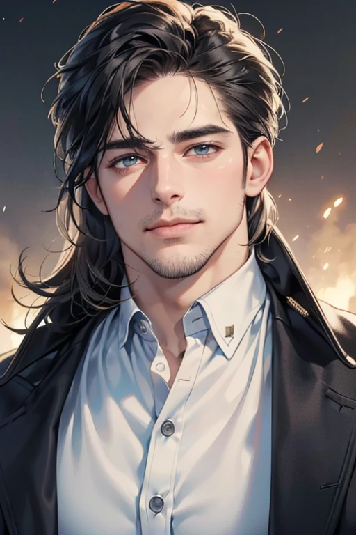(best quality,4k,8k,highres,masterpiece:1.2),ultra-detailed,(realistic,photorealistic,photo-realistic:1.37),30 year old man,3 day beard,handsome anime,portraits,strong,masculine,dark hair,sharp jawline,mesmerizing eyes,perfectly styled hair,cool anime outfit,confident expression,vibrant colors,dynamic lighting, CEO and expression smile in love.
