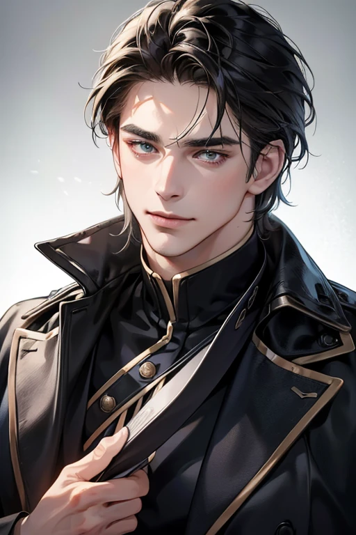 (best quality,4k,8k,highres,masterpiece:1.2),ultra-detailed,(realistic,photorealistic,photo-realistic:1.37),30 year old man,3 day beard,handsome anime,portraits,strong,masculine,dark hair,sharp jawline,mesmerizing eyes,perfectly styled hair,cool anime outfit,confident expression,vibrant colors,dynamic lighting, CEO and expression smile in love.