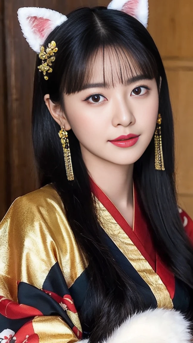 Highest quality、A woman in her 20s with black hair、Sacred vermilion and white kimono、Fox Mask、hair ornaments、Background is gold