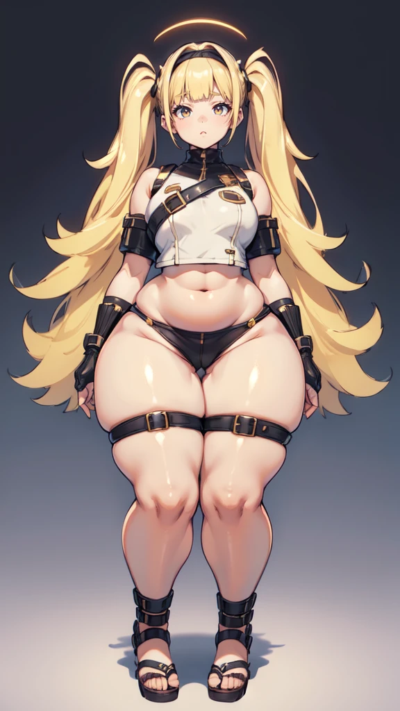 blank background, (((full body))), (masterpiece), ((best quality)), flat chest, blunt bangs, short twintail, (wide hips:1.6), (thick thighs:1.4), (very short skirt), sandals, belt below navel, fanny packs, blonde