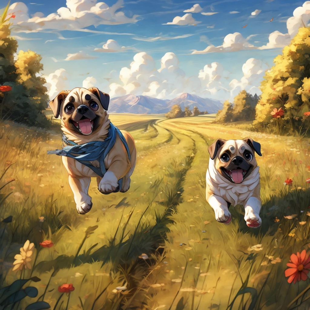 Pug dog puppy、Running through the fields