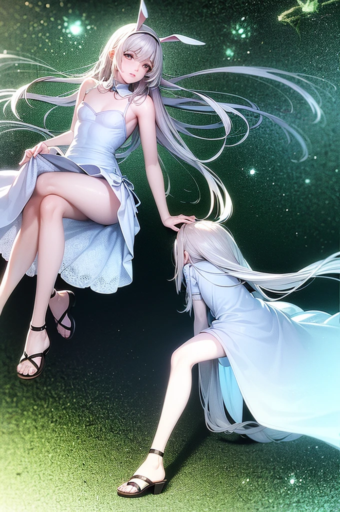 Alice (in wonderland), Handsome boy (effeminate), femboy, delicate and graceful body, Scrawny, soft and charming look, Feminine clothes (long white and flowery dress, bunny ears, sandals, in the forest at night, full moon visible in the background, 8K, best qualityer, realistic anime style, RPG