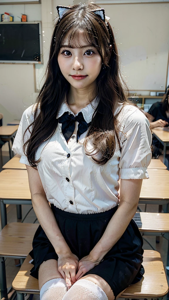 Adorably cute and lovely young anime lolita catgirl teacher in the classroom 