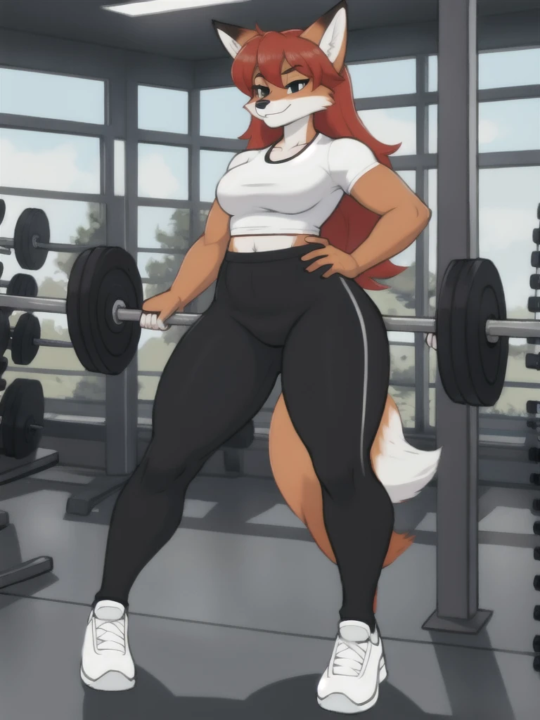 Furry, fox, female, white shirt, black leggings, shoes, gym, teen, standing, full body