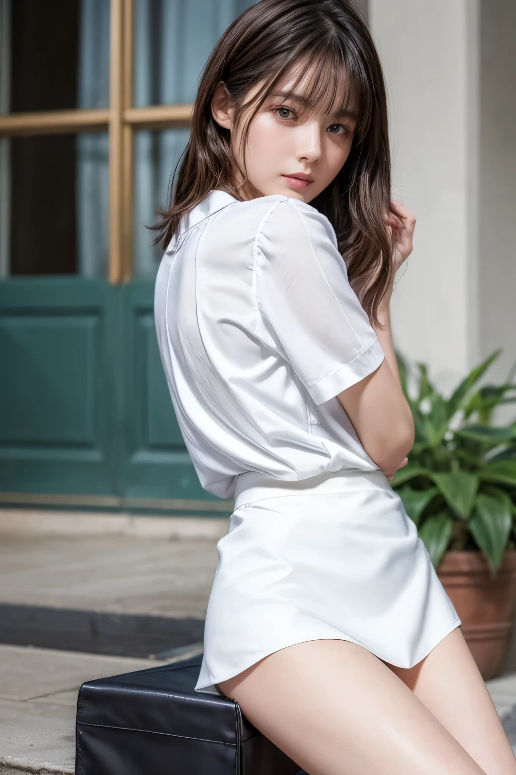 ((Best image quality、8K、masterpiece:1.3))、Realistic high-quality photos、Highest quality、Beautiful and graceful face and eyes、Hands on your back、Uniform eyes、Black Hair、Shiny Hair、 OL、Wearing a short-sleeved blouse、Wear a long skirt、Full Body Shot. Sitting、Bring your knees together and face forward、(((White panties can be seen between her skirt and legs)))、Medium build、Anatomically correct body、